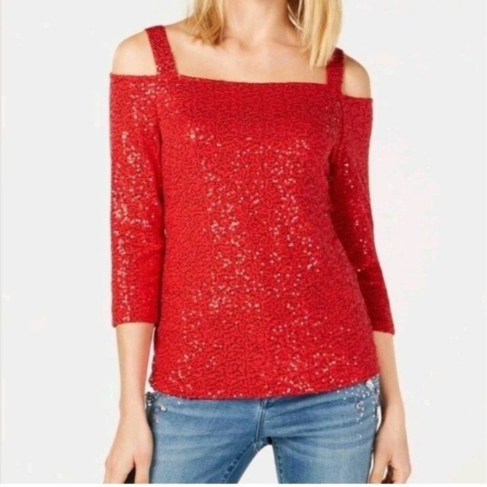 INC Womens Petite PM Real Red Sequin Cold Shoulder Top
